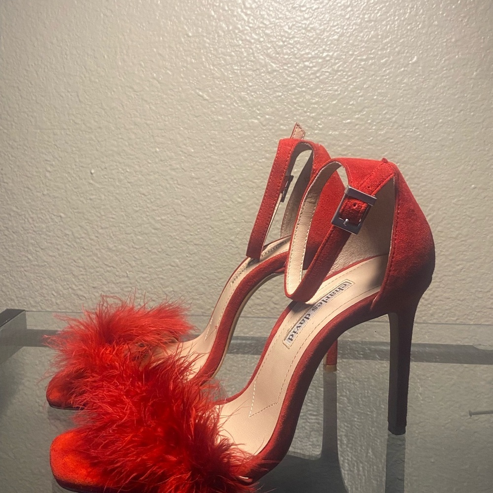 CHARLES DAVID Red Feathered Heels - Picture 2 of 11